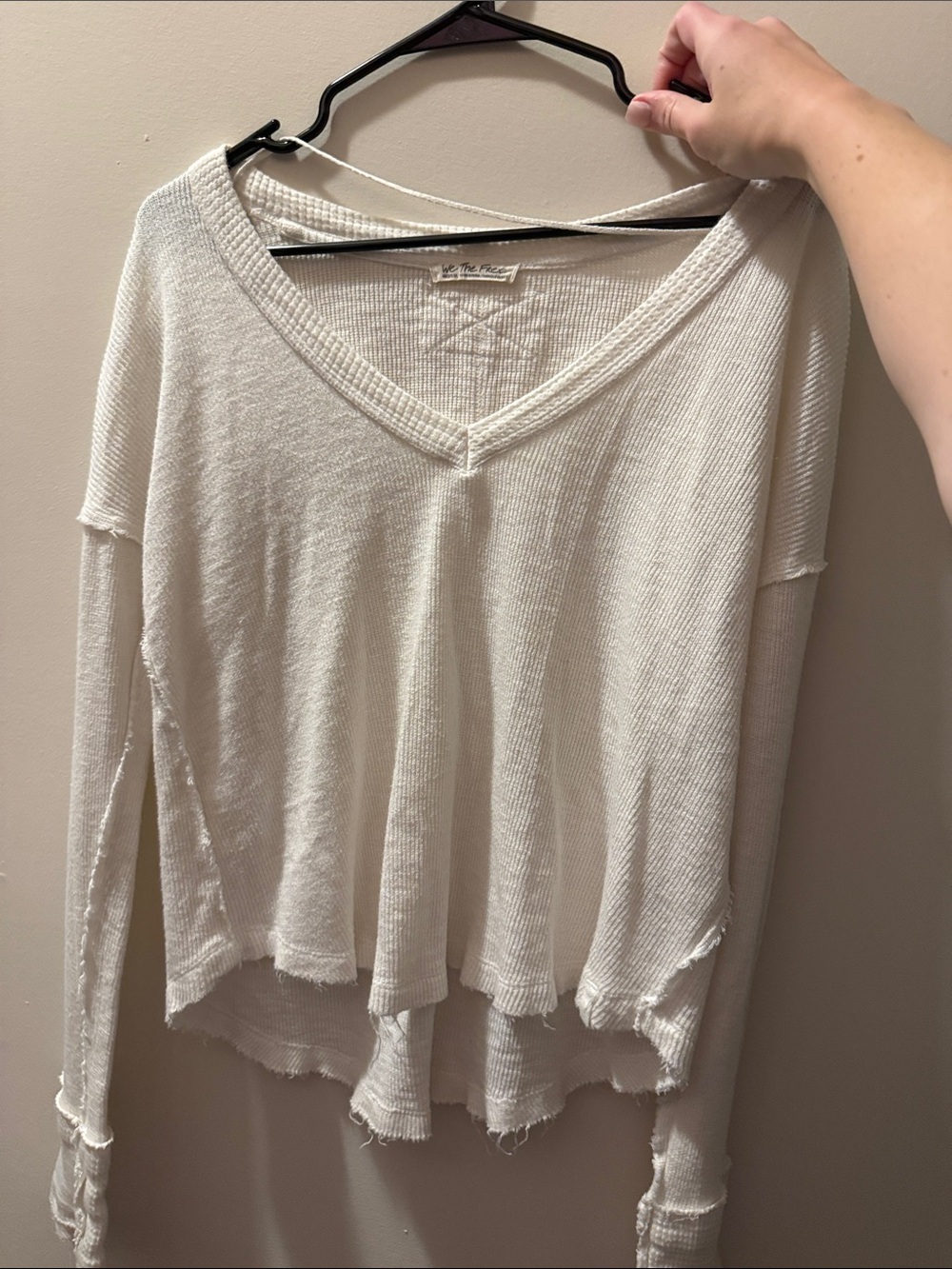 Free People Cream V-Neck Lightweight Waffle Knit Long Sleeve Top